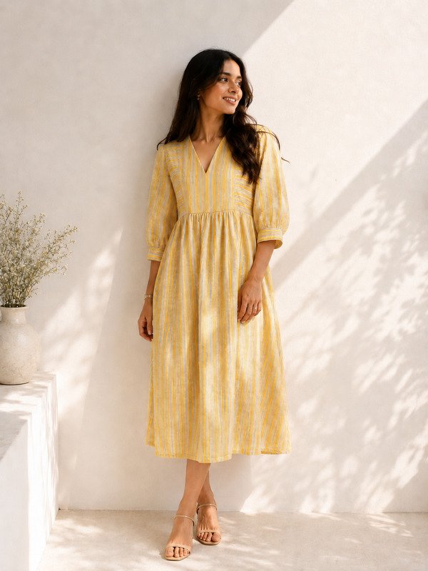 Yellow Handblock Sunstripe Dress