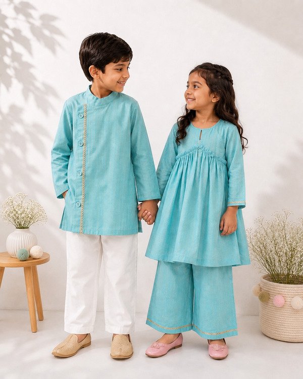 Girls Aqua Gleam Frill kurta set